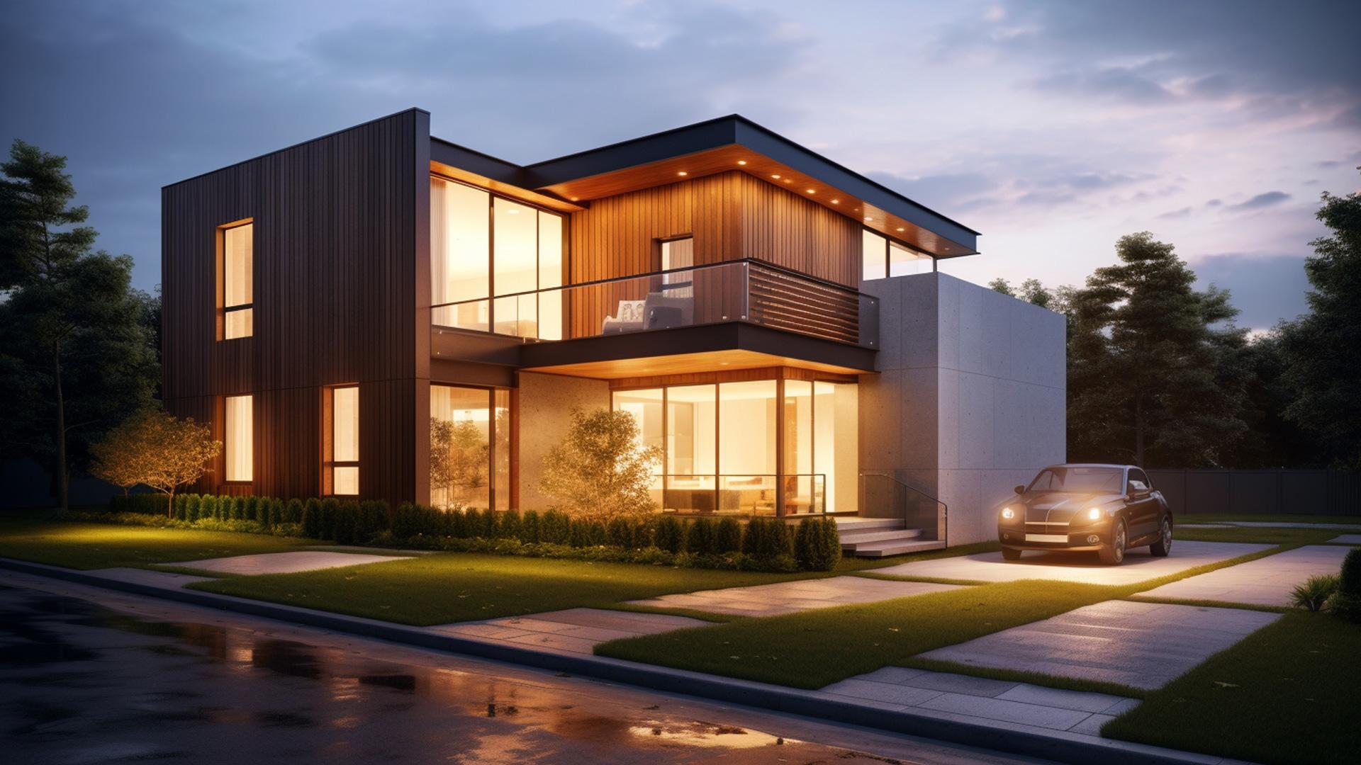 Casa moderna a due piani con grandi finestre, luci esterne accese e un'auto parcheggiata nel vialetto all'imbrunire.
