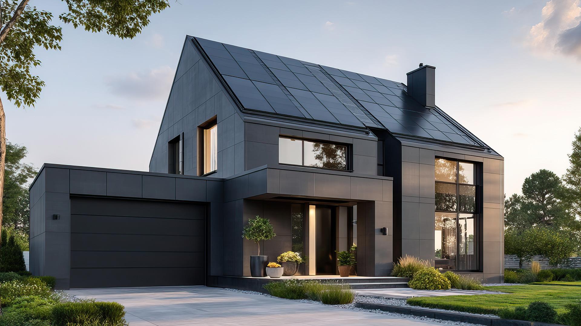 Moderna casa indipendente a due piani con grandi finestre, pannelli solari e giardino.