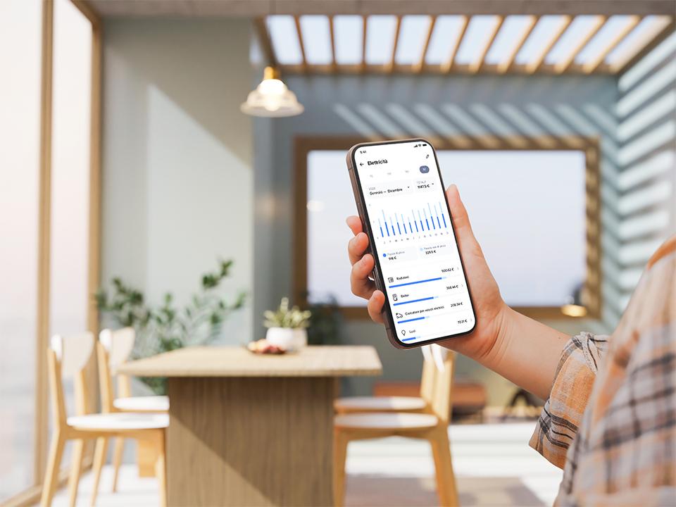 Persona controlla i consumi elettrici dall'app Home+Control