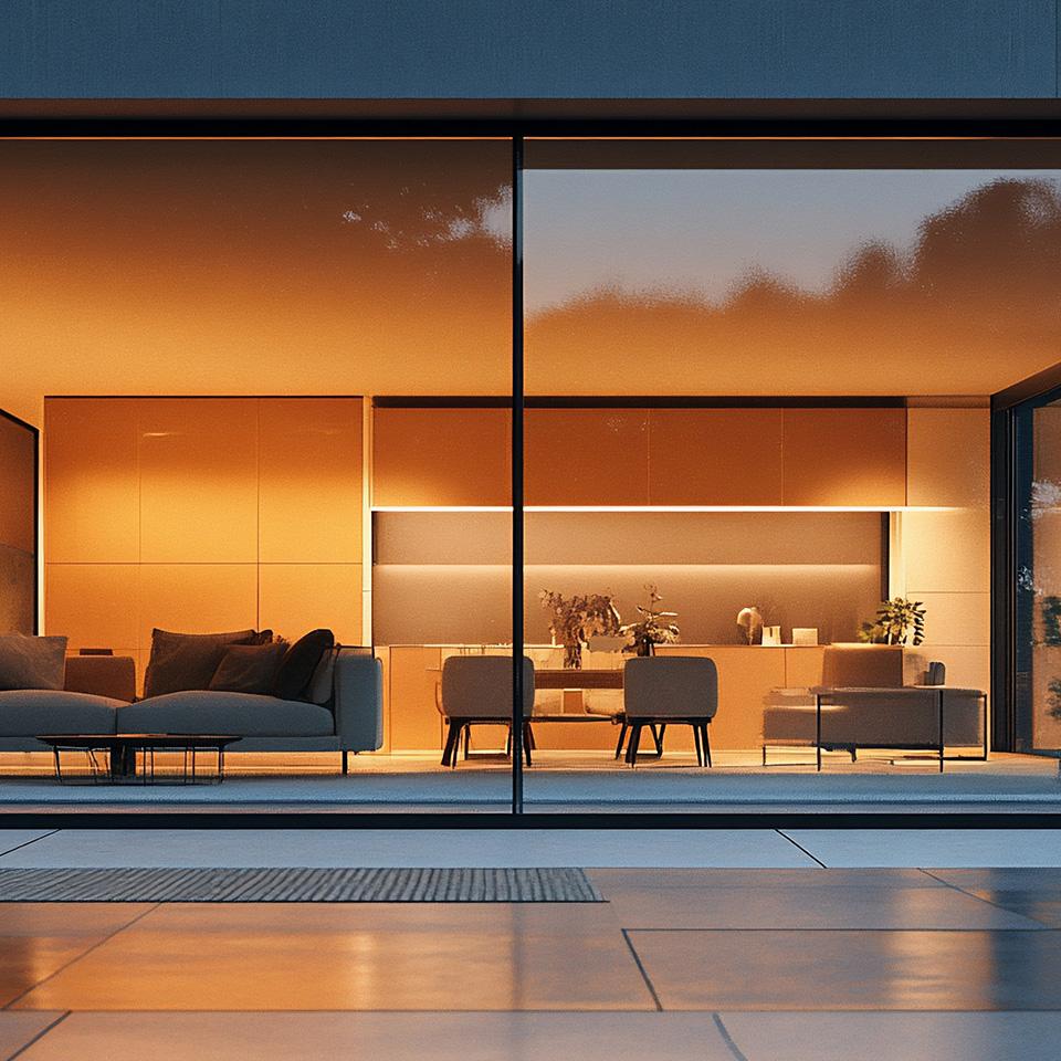 Soggiorno e cucina moderni con illuminazione calda, ampie vetrate e arredi minimalisti visti dall'esterno.