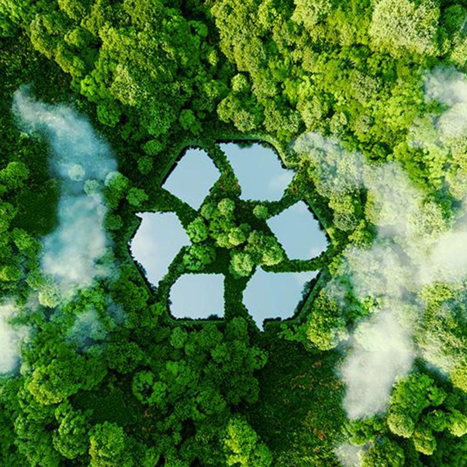 Vista aerea di una foresta verde. Al centro, alcuni specchi d'acqua formano il simbolo del riciclo. 
